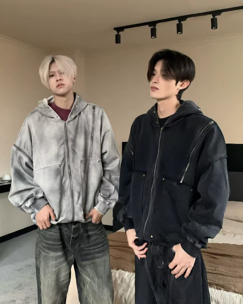 Street Style Washed “Dirty-Dye” Zip-Up Hoodie Jacket