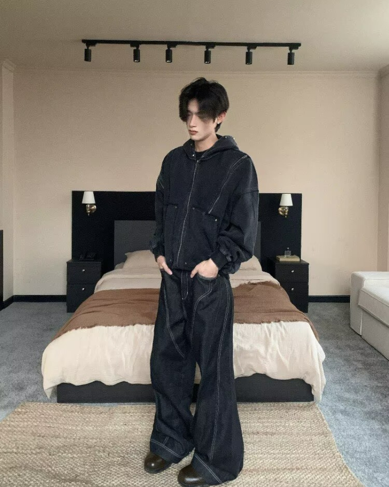 Street Style Washed “Dirty-Dye” Zip-Up Hoodie Jacket