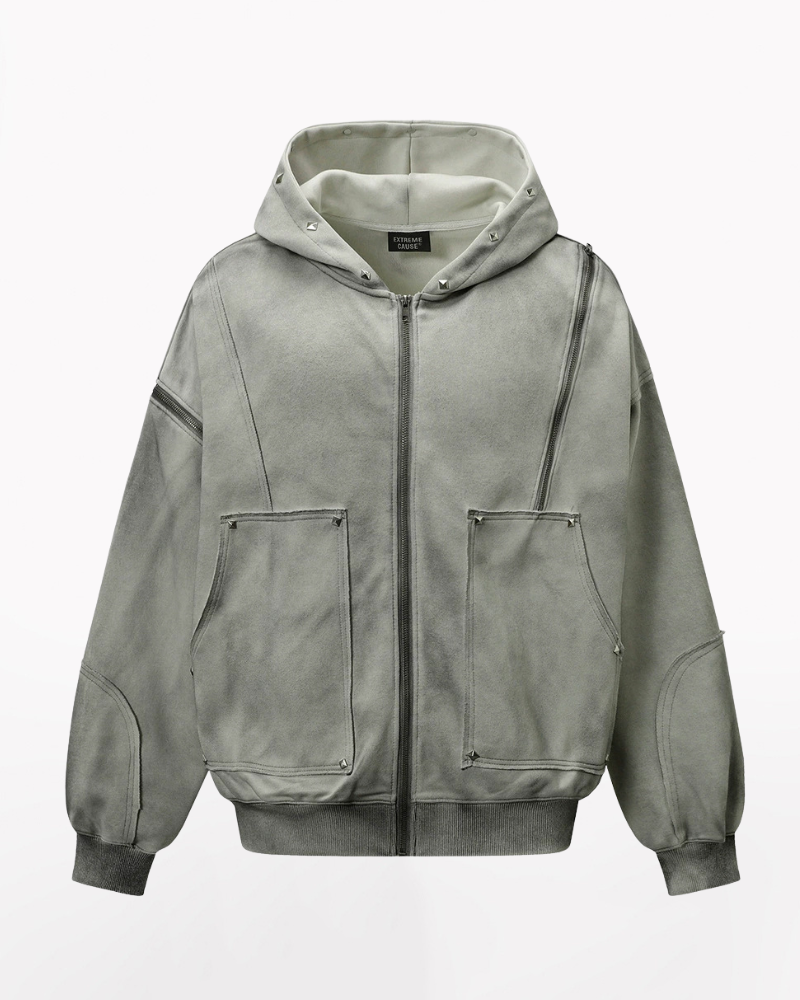 Street Style Washed “Dirty-Dye” Zip-Up Hoodie Jacket