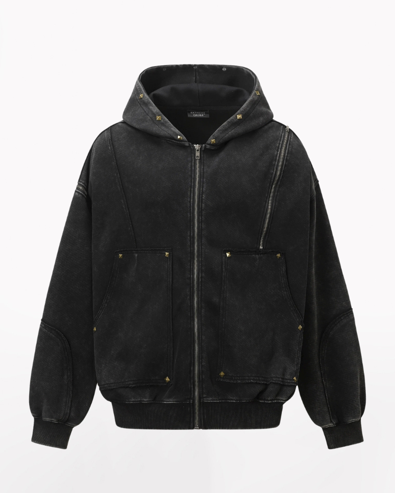 Street Style Washed “Dirty-Dye” Zip-Up Hoodie Jacket