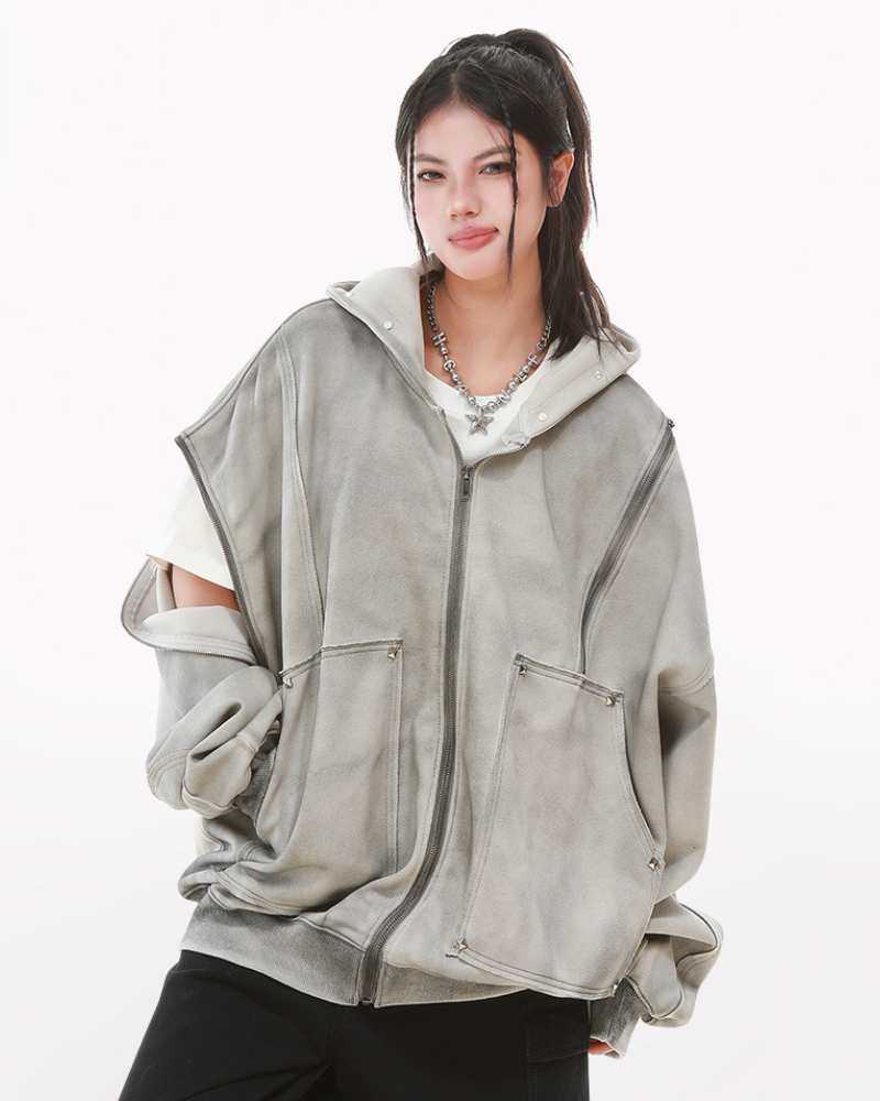 Street Style Washed “Dirty-Dye” Zip-Up Hoodie Jacket