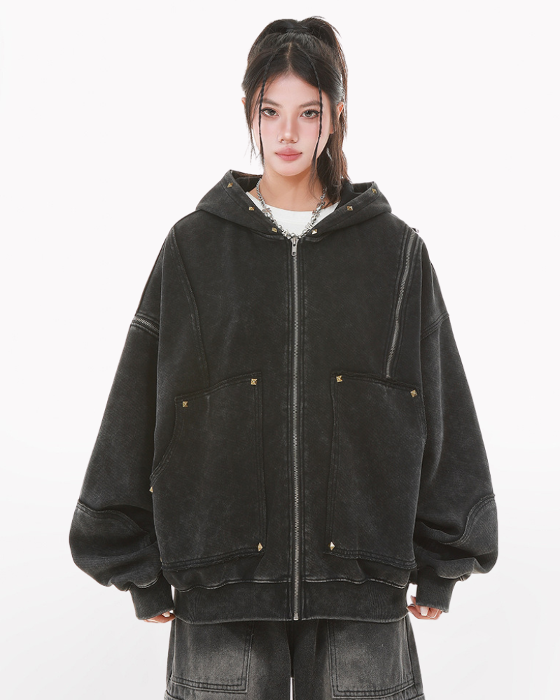 Street Style Washed “Dirty-Dye” Zip-Up Hoodie Jacket