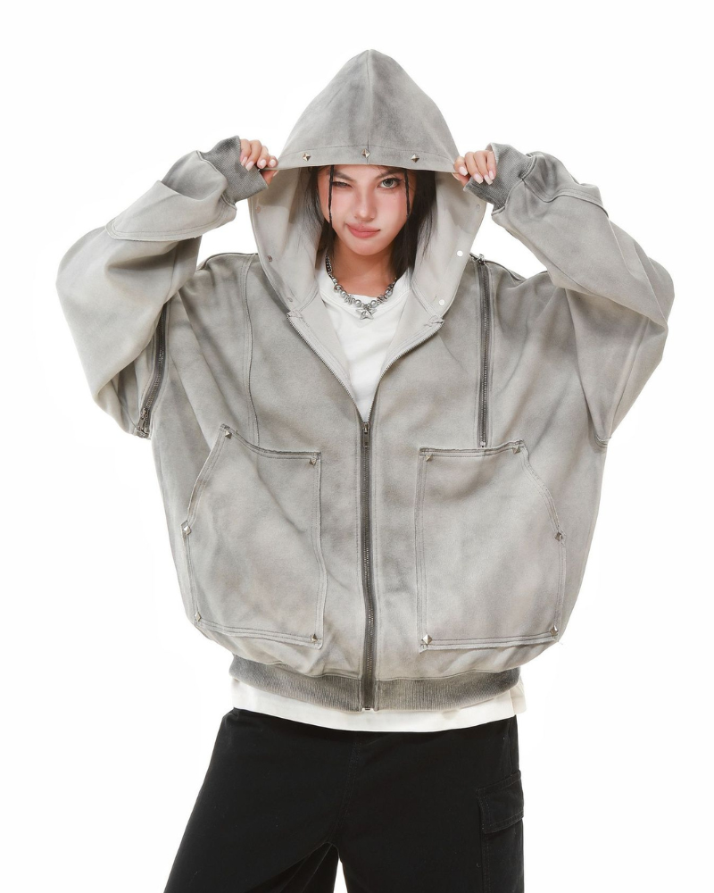 Street Style Washed “Dirty-Dye” Zip-Up Hoodie Jacket