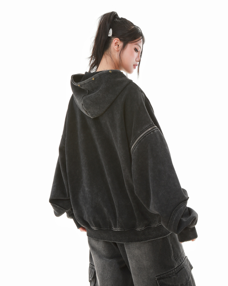 Street Style Washed “Dirty-Dye” Zip-Up Hoodie Jacket