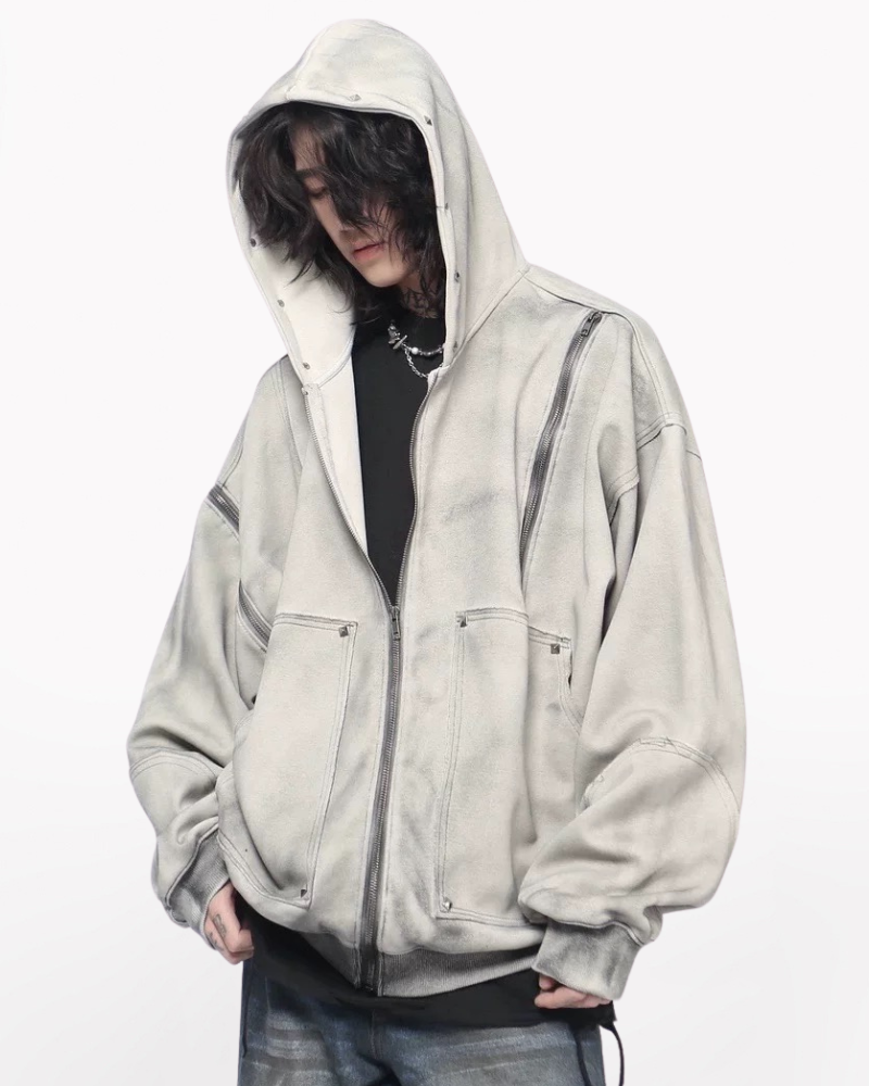 Street Style Washed “Dirty-Dye” Zip-Up Hoodie Jacket