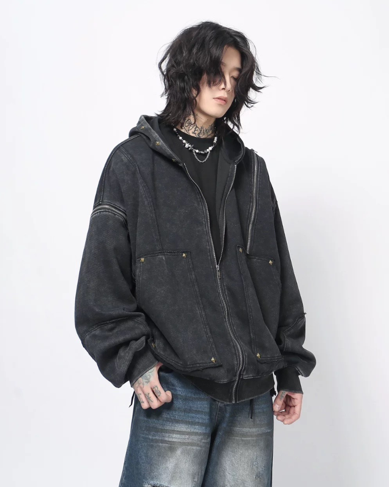 Street Style Washed “Dirty-Dye” Zip-Up Hoodie Jacket