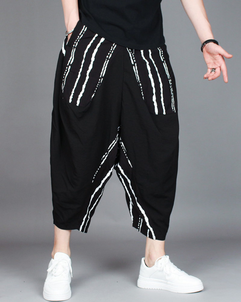 Streetwear Contrast Color Harem Crop Hakama Pants