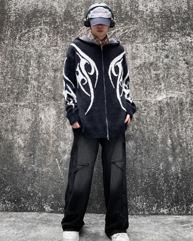 Streetwear Black Cardigan Sweater Hoodie