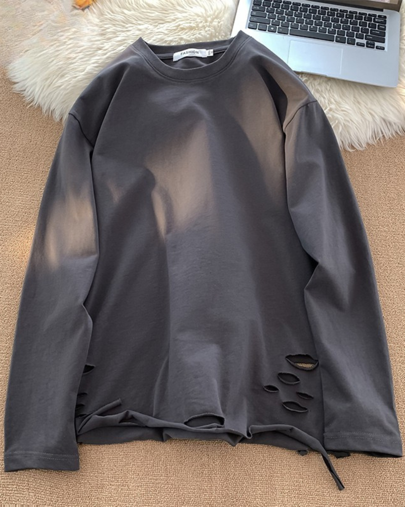 Streetwear Ripped Casual Base Layer Long Sleeve T-Shirt