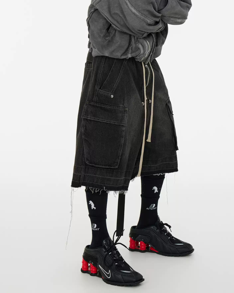 Streetwear Washed Raw Edge Cargo Baggy Jorts