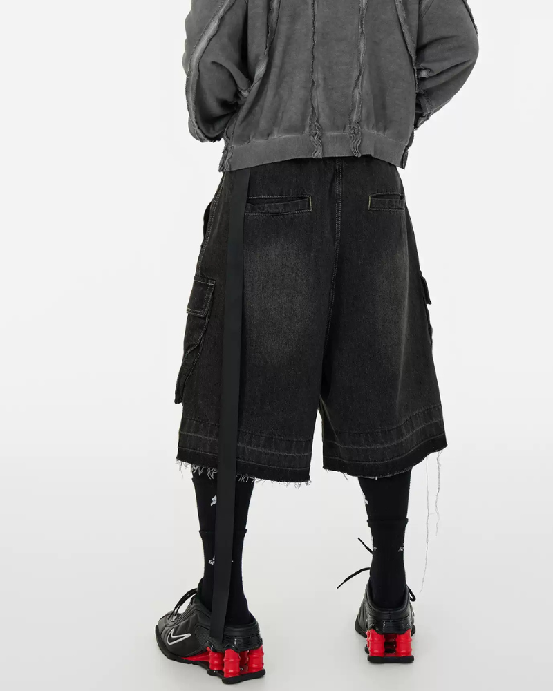 Streetwear Washed Raw Edge Cargo Baggy Jorts