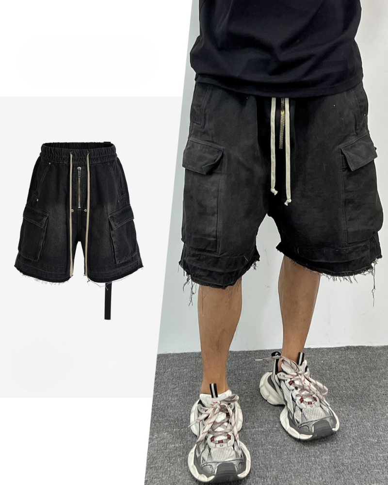 Streetwear Washed Raw Edge Cargo Baggy Jorts