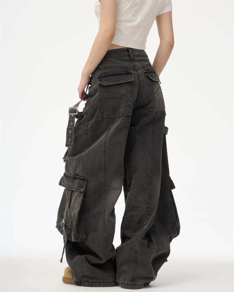 Streetwear Washed Ripped Women Denim Cargo Pants