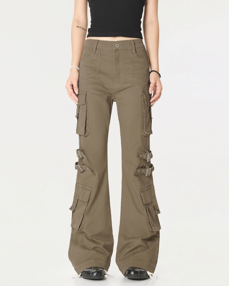 Streetwear Women Buckle Strap Flared Cargo Pants