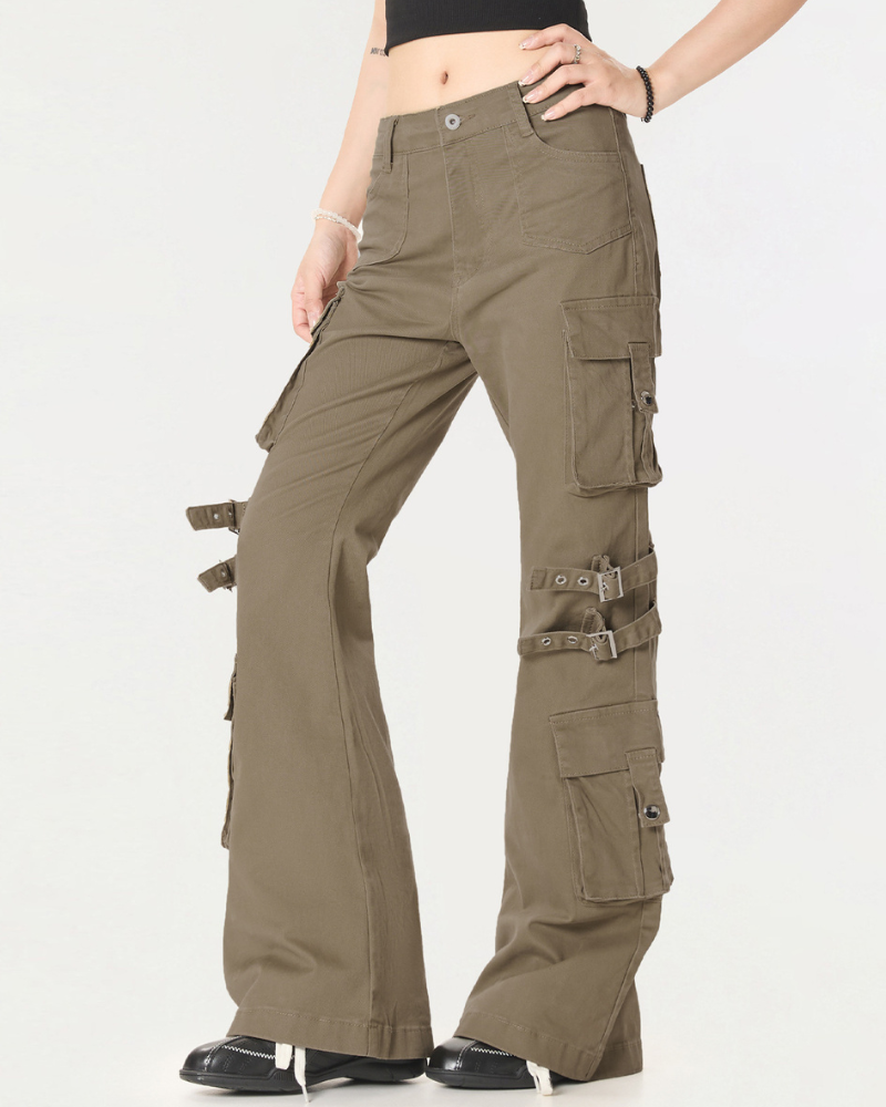 Streetwear Women Buckle Strap Flared Cargo Pants