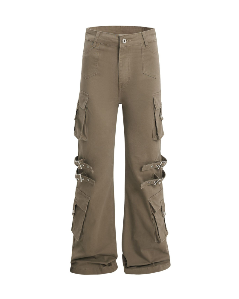 Streetwear Women Buckle Strap Flared Cargo Pants