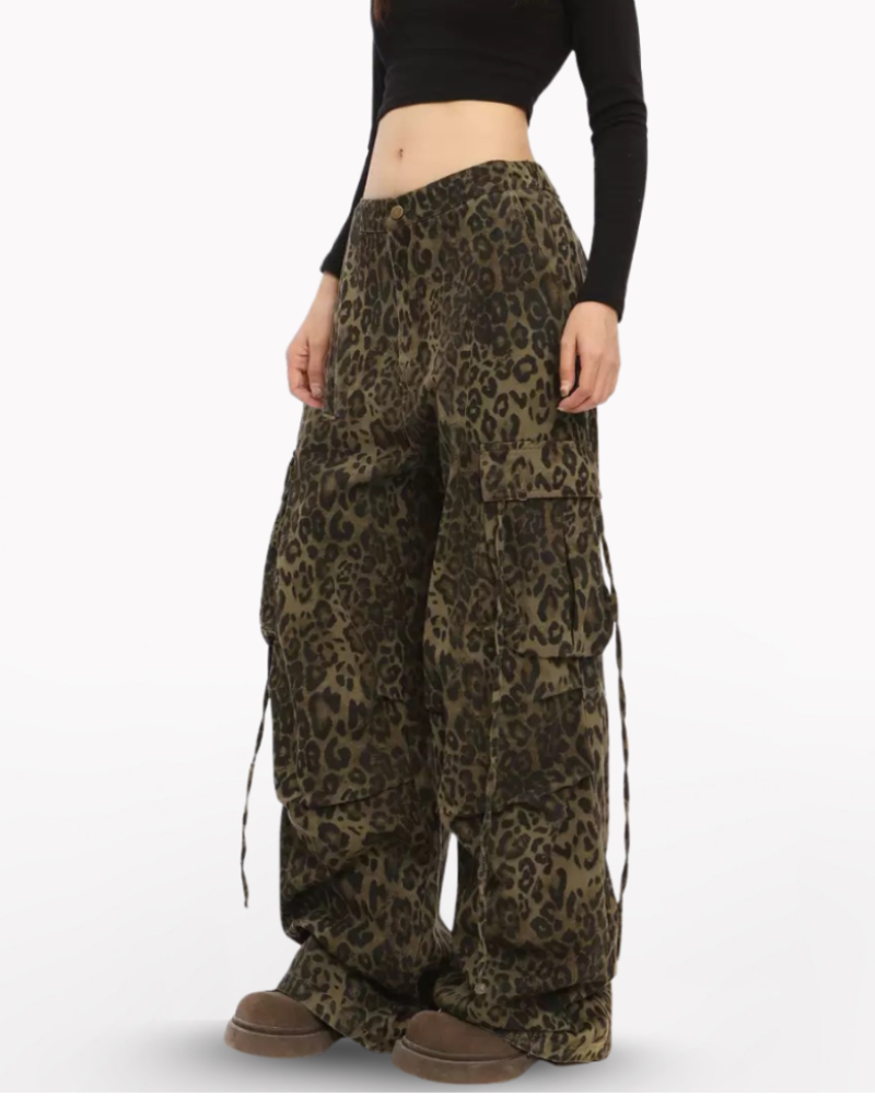 Streetwear Women’s High-Waist Cargo Leopard Jeans