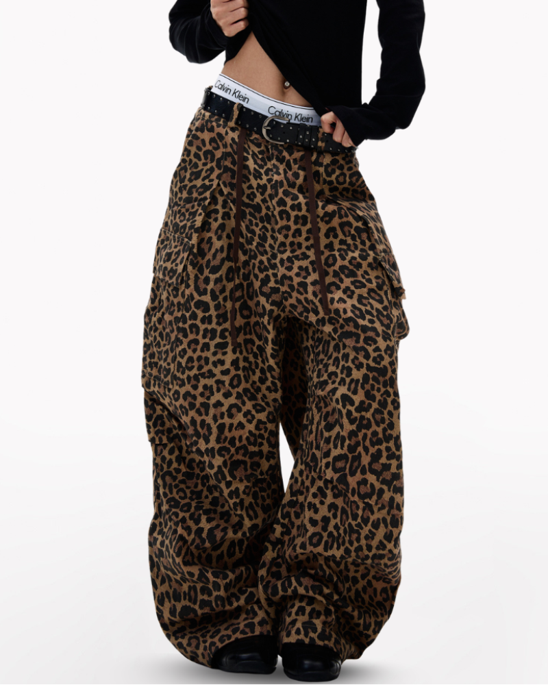 Streetwear Unisex Loose-Fit Cargo Leopard Jeans