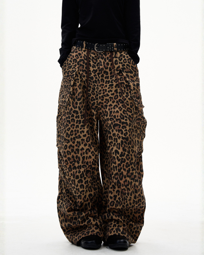 Streetwear Unisex Loose-Fit Cargo Leopard Jeans