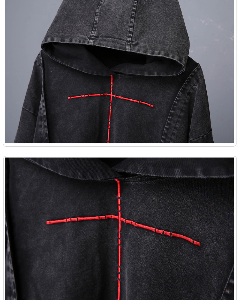 Techwear Street Men’s Washed Cross Hoodie