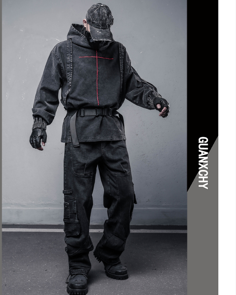 Techwear Street Men’s Washed Cross Hoodie
