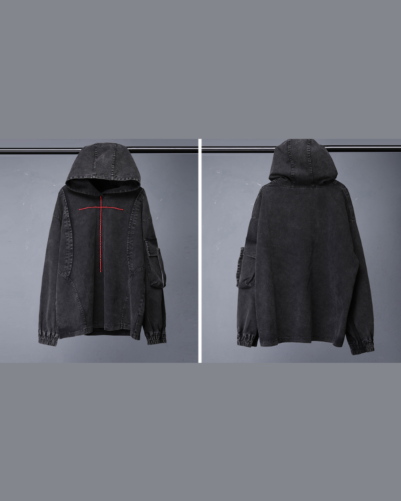 Techwear Street Men’s Washed Cross Hoodie