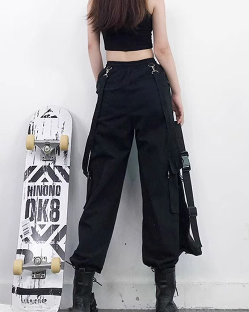 Techwear Women Black Straps Cargo Pants