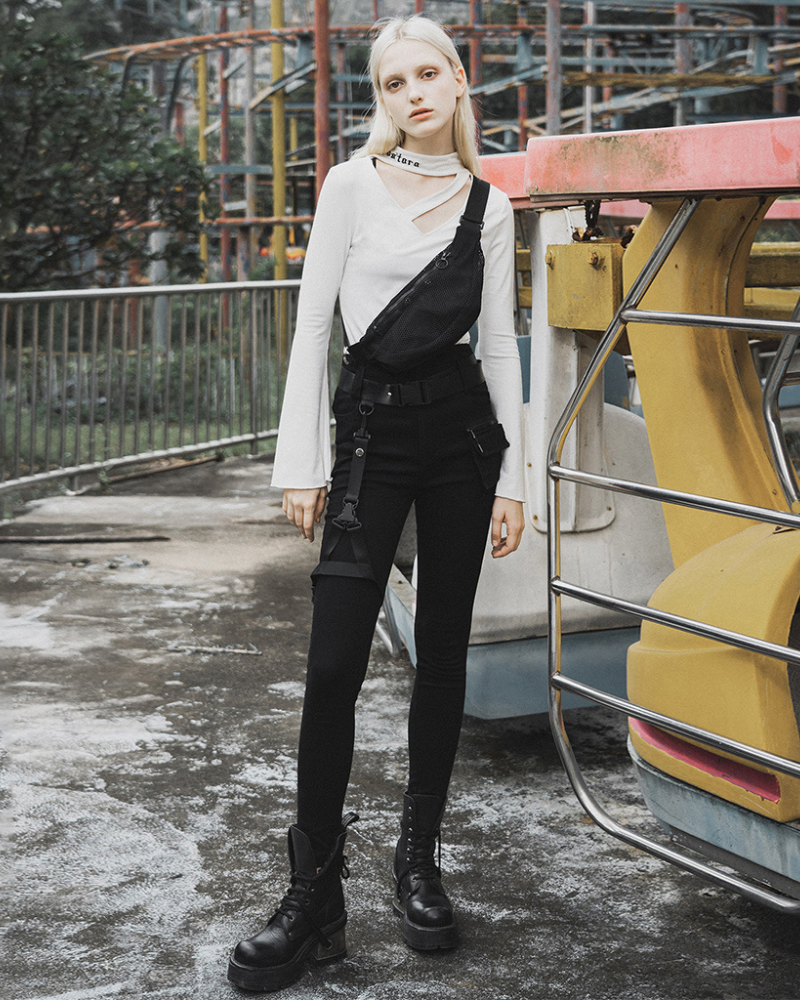 Techwear Black Women Buckle Cargo Punk Pants