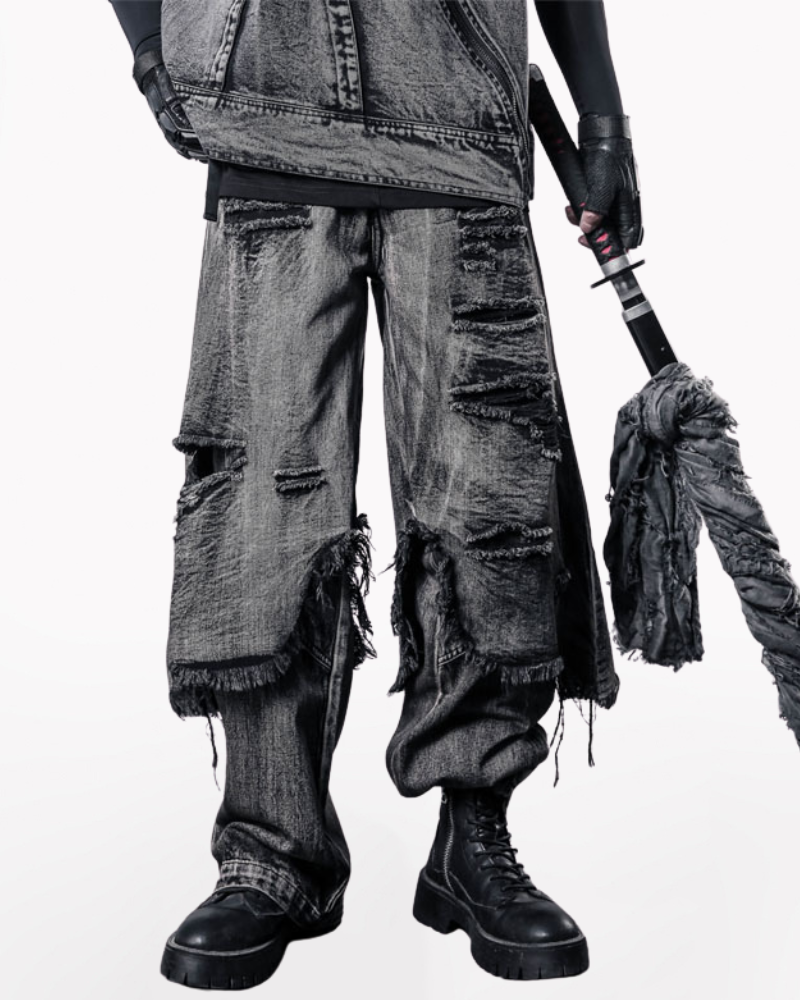 Wasteland Dual-Layer Frayed Hem Ripped Jeans – Techwear Official