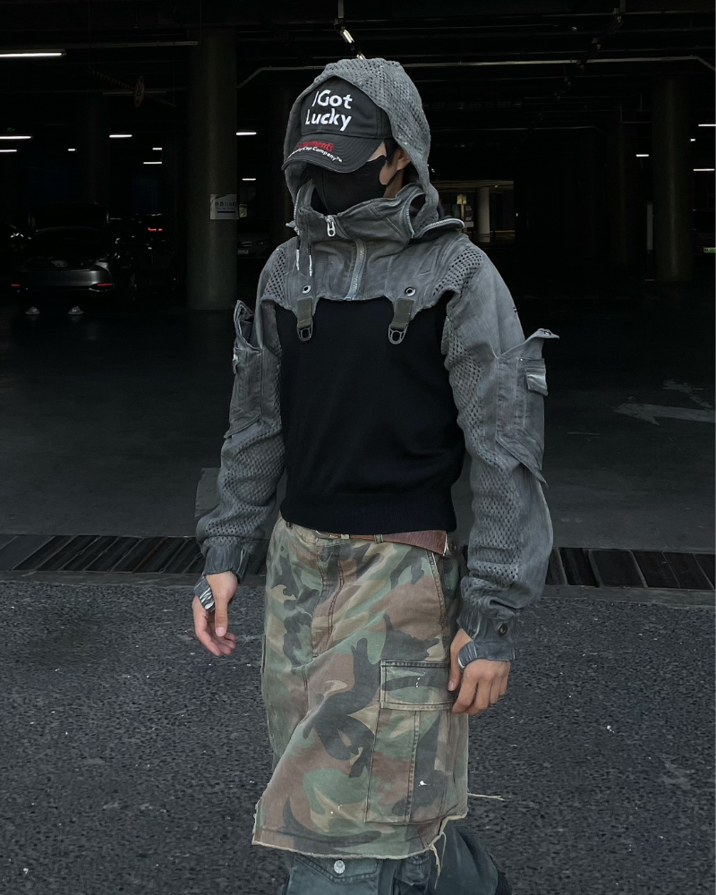 Techwear Post-Apocalyptic Hooded Mesh Color-Block Cape Jacket