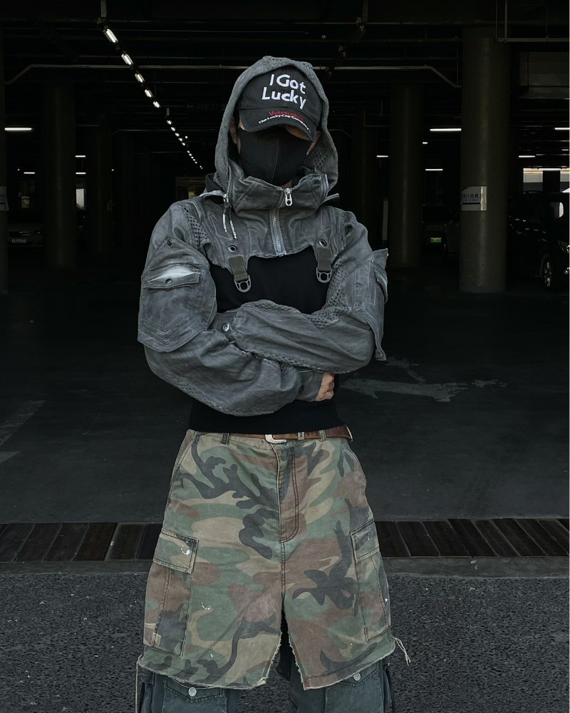 Techwear Post-Apocalyptic Hooded Mesh Color-Block Cape Jacket