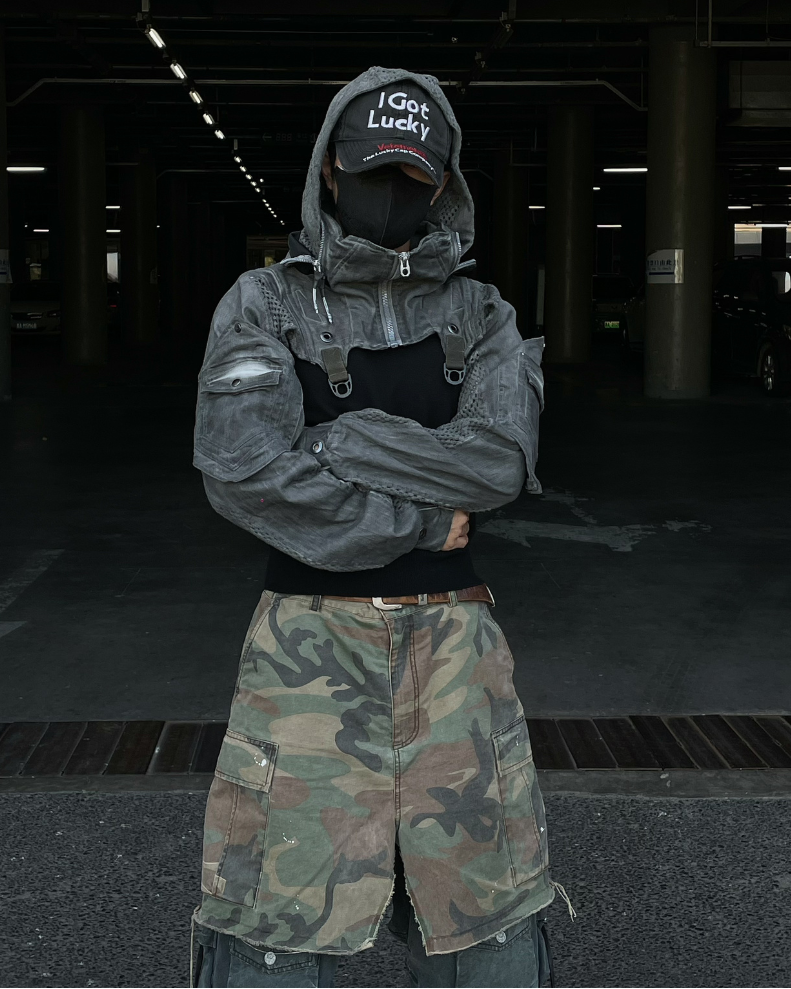Techwear Post-Apocalyptic Hooded Mesh Color-Block Cape Jacket
