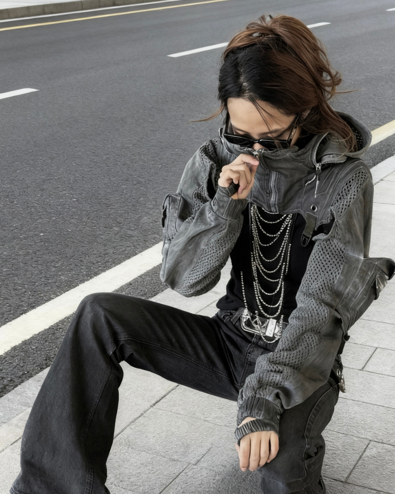 Techwear Post-Apocalyptic Hooded Mesh Color-Block Cape Jacket