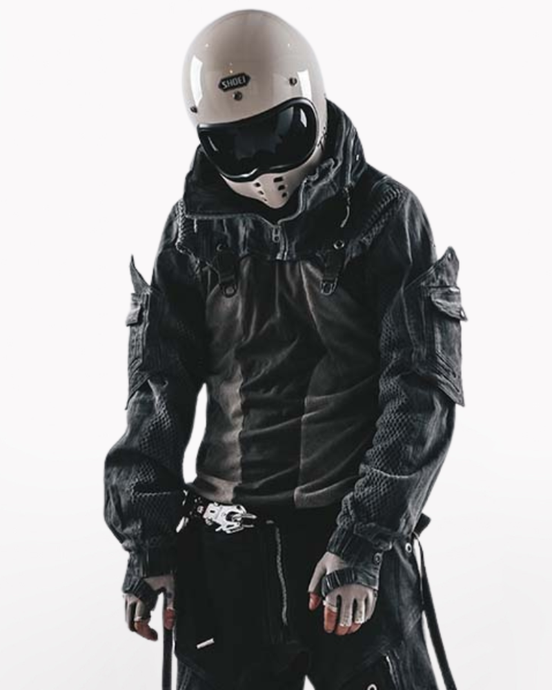 apocalyptic motorcycle helmet Techwear Post-Apocalyptic Hooded Mesh Color-Block Cape Jacket – Techwear  Official