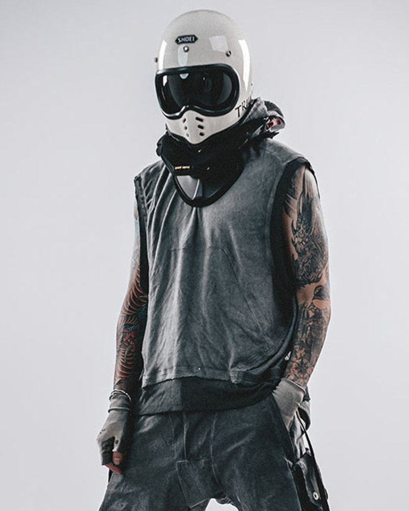 Wasteland-Style Color-Block Raw-Edge Hooded Sleeveless T-Shirt