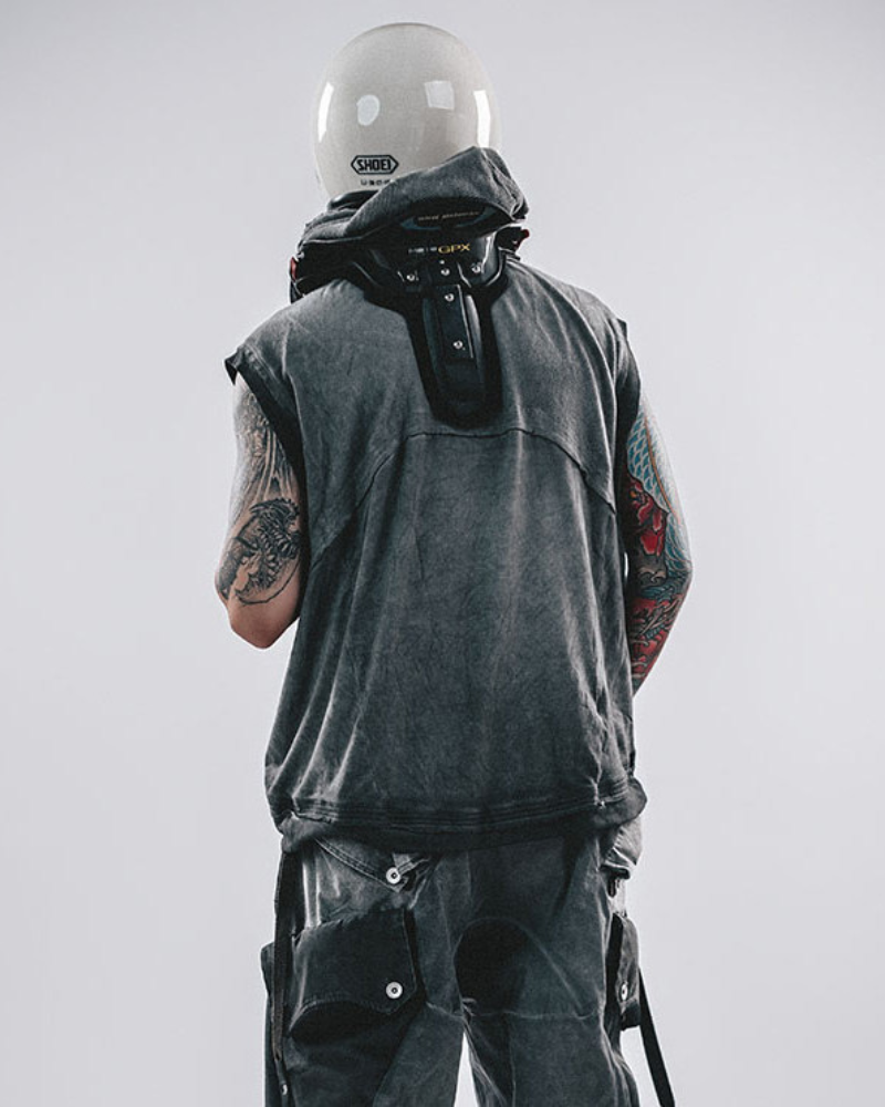 Wasteland-Style Color-Block Raw-Edge Hooded Sleeveless T-Shirt