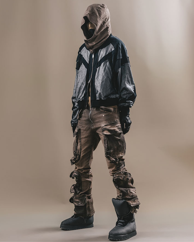Wasteland-Style Distressed Layered Patchwork Zip-Up Hoodie