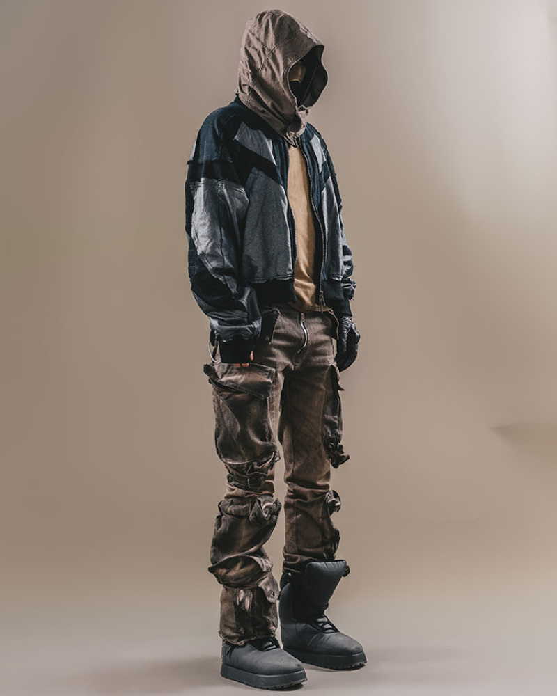 Wasteland-Style Distressed Layered Patchwork Zip-Up Hoodie