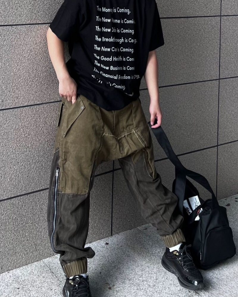 Wasteland Wear Color-Blocked Drawstring Zipper Cargo Pants