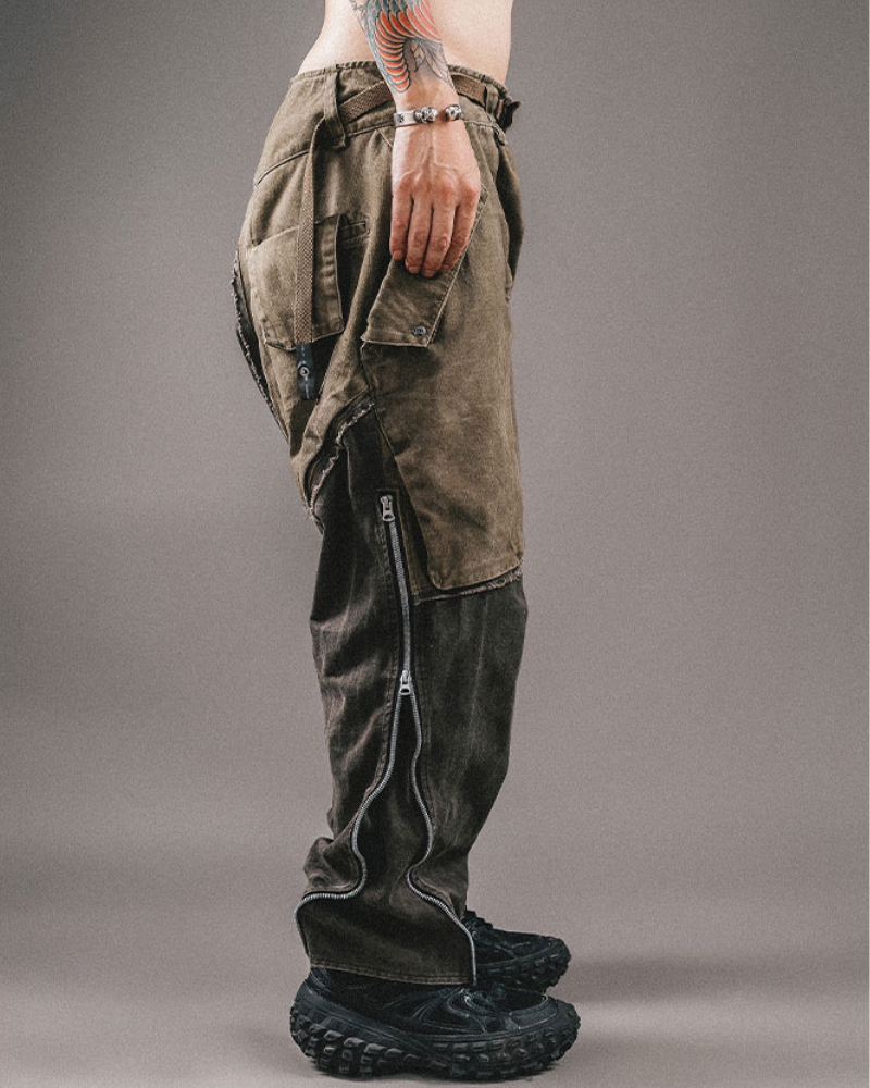 Wasteland Wear Color-Blocked Drawstring Zipper Cargo Pants