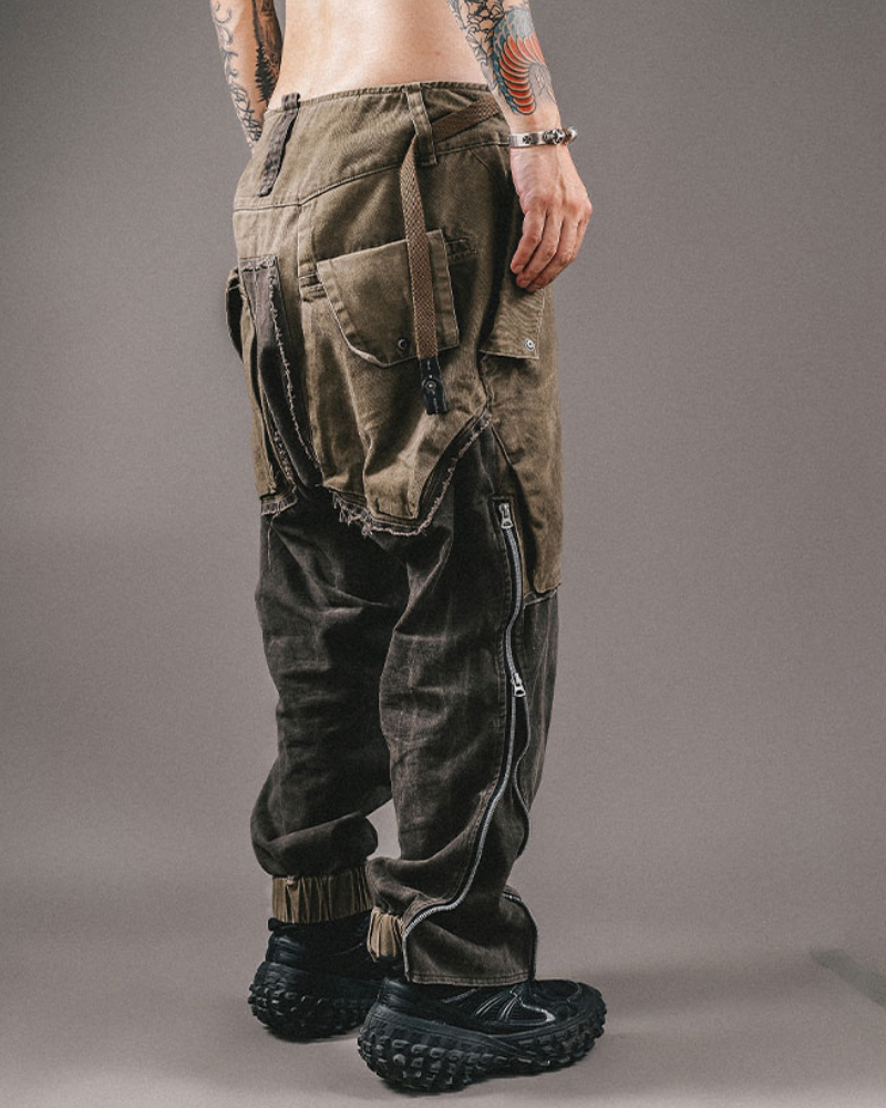 Wasteland Wear Color-Blocked Drawstring Zipper Cargo Pants