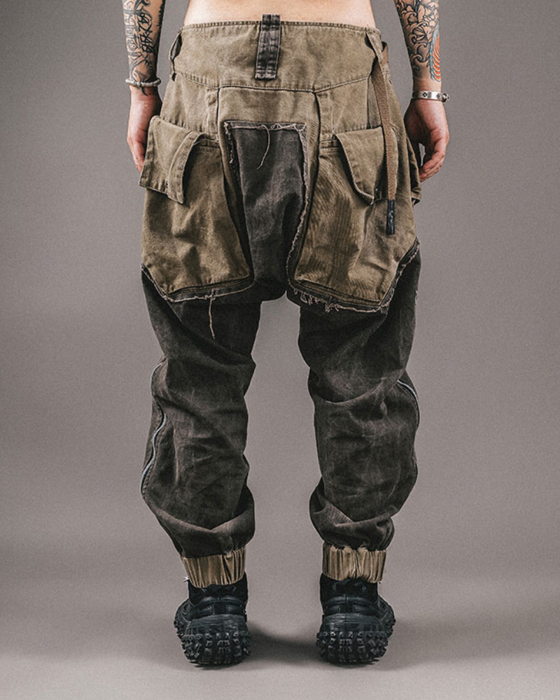 Wasteland Wear Color-Blocked Drawstring Zipper Cargo Pants