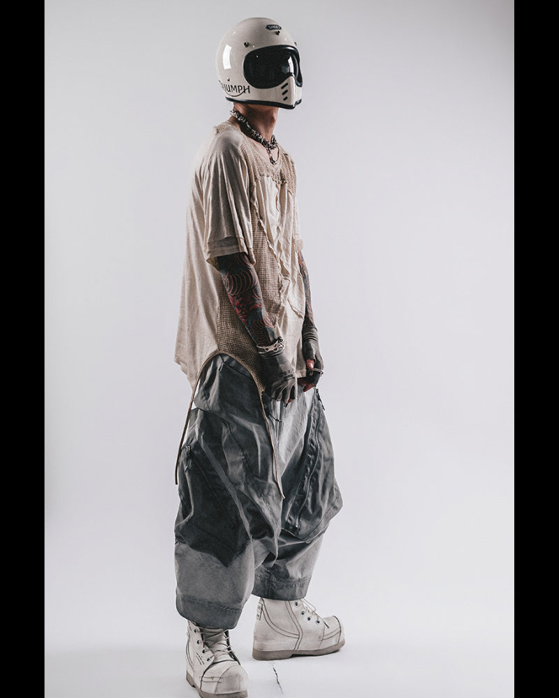 Wasteland Wear Distressed Dual-Layer Mesh Patchwork T-Shirt