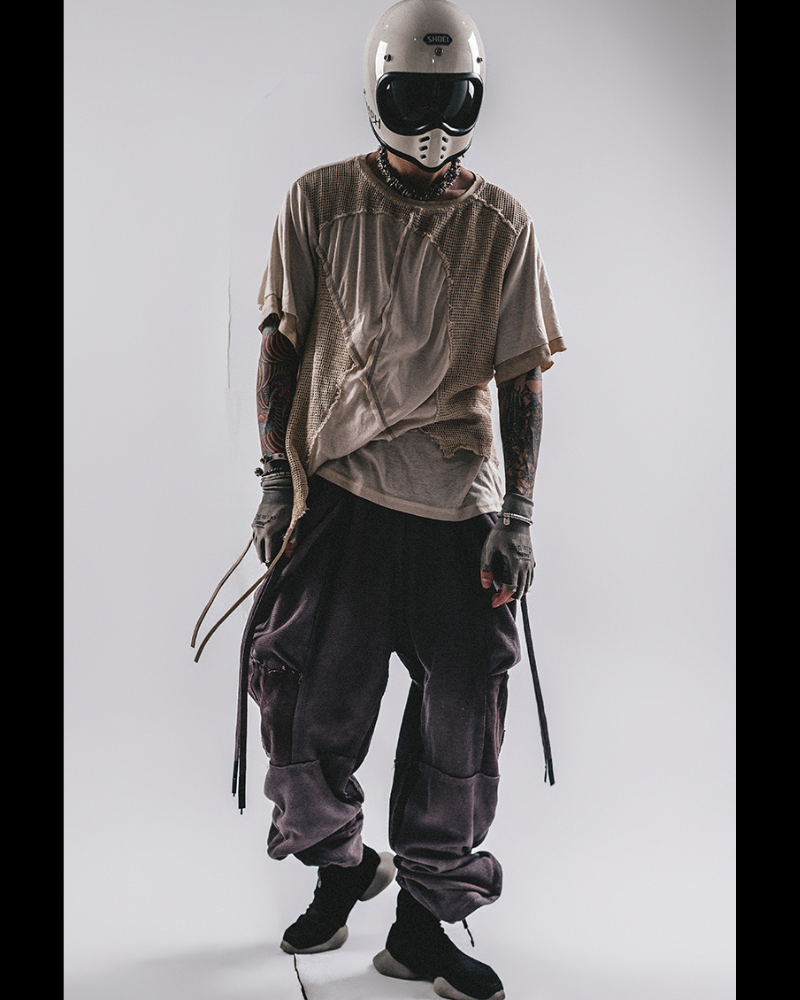 Wasteland Wear Distressed Dual-Layer Mesh Patchwork T-Shirt