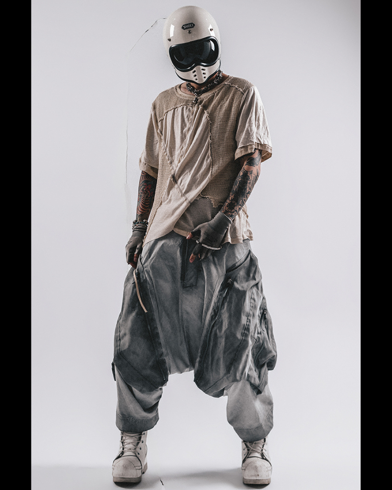 Wasteland Wear Distressed Dual-Layer Mesh Patchwork T-Shirt