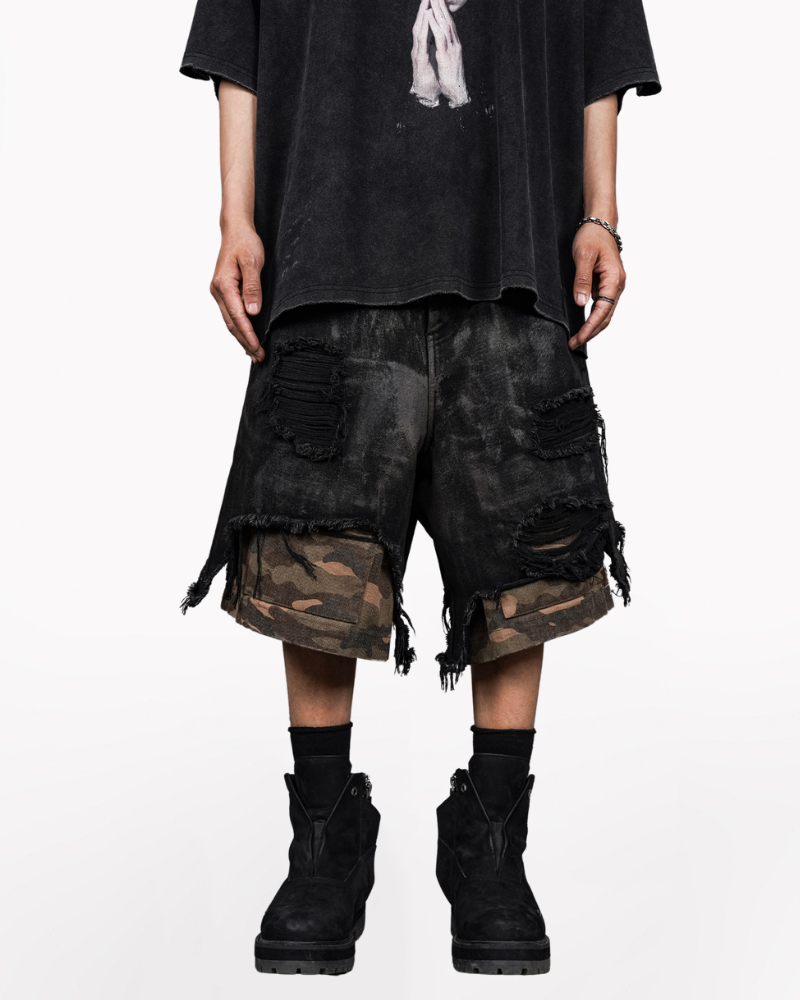 Camo distressed shorts on sale