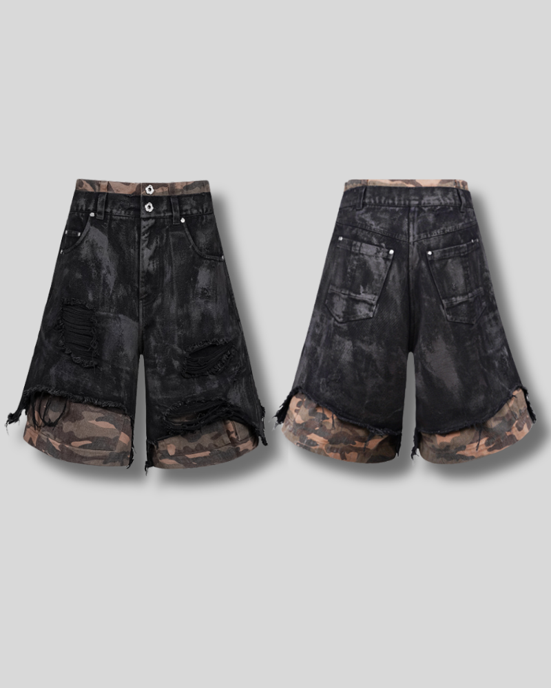 Wasteland Wear Distressed Patchwork Camo Cargo Shorts | Baggy Jorts