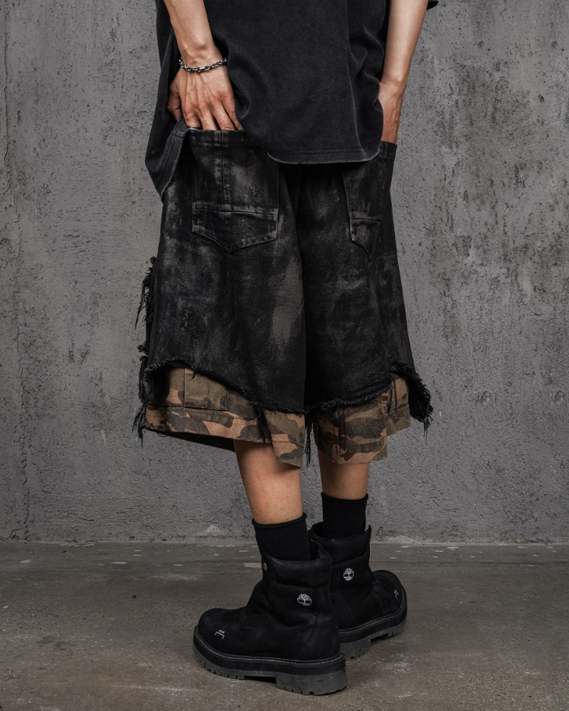 Wasteland Wear Distressed Patchwork Camo Cargo Shorts | Baggy Jorts
