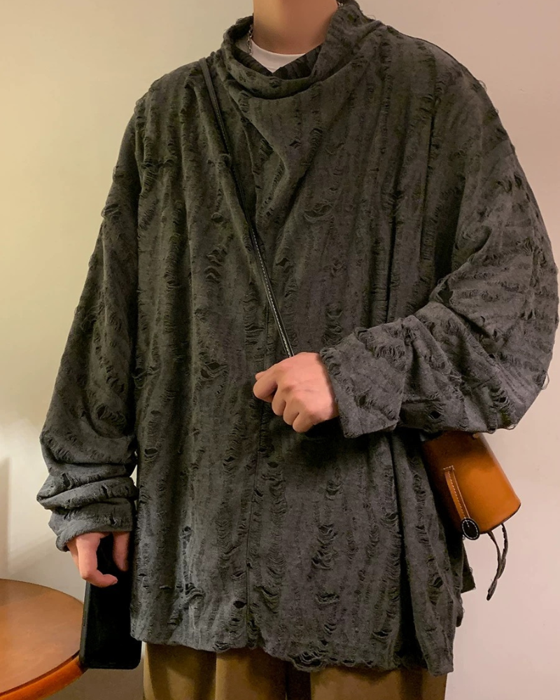 Wasteland Style Distressed Ripped High Collar Sweatshirt