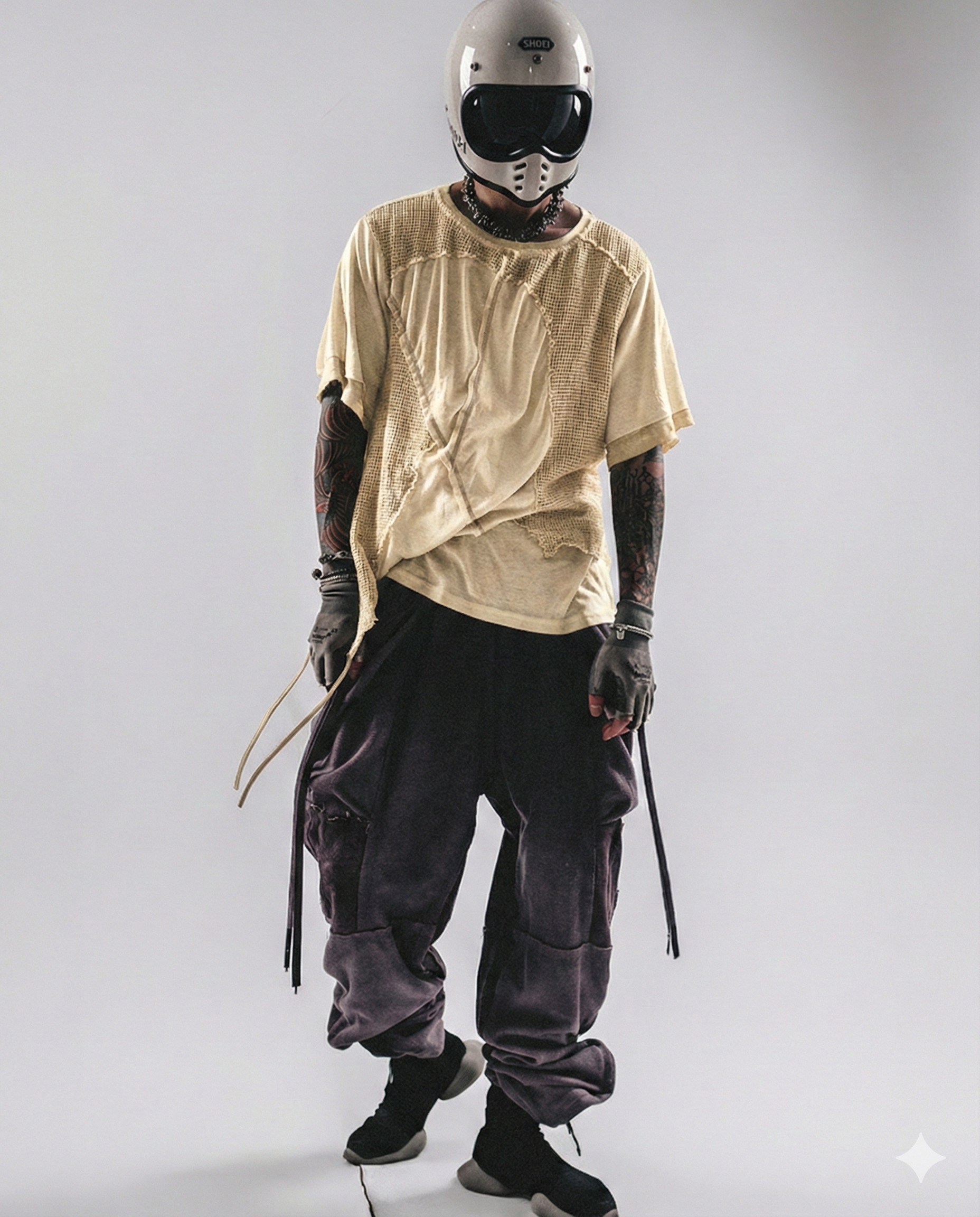 Wasteland Wear Distressed Dual-Layer Mesh Patchwork T-Shirt